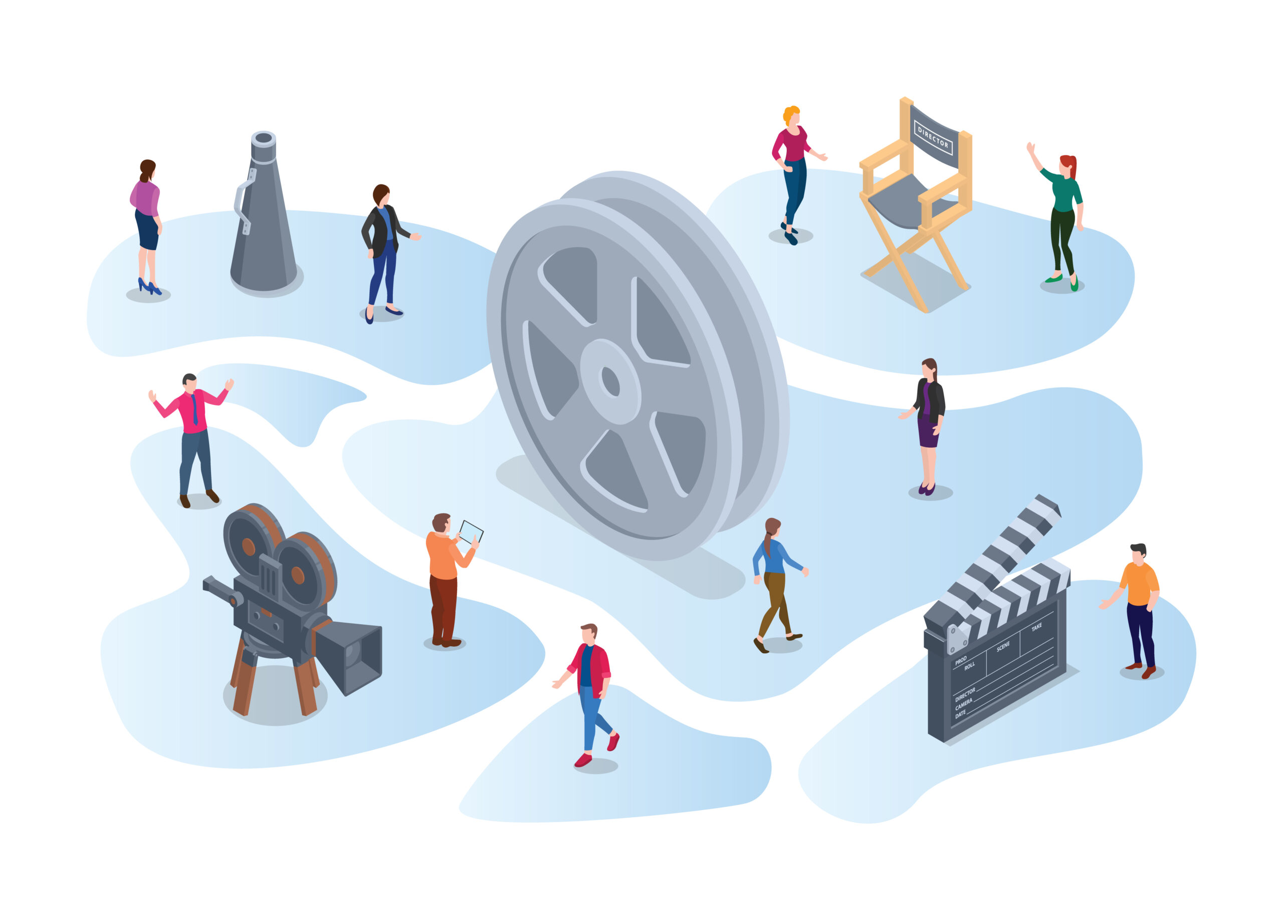 focus group discussion for movie with modern flat isometric style